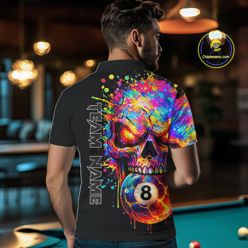 Colorful Splatter Skull 8 Ball Billiard Polo 1/4 Zip Shirt For Men Custom Skull Billiard Team Jersey NYN4648