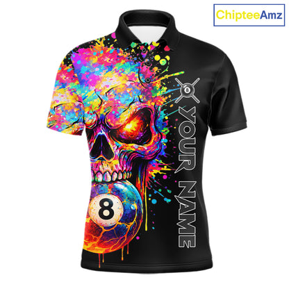 Colorful Splatter Skull 8 Ball Billiard Polo 1/4 Zip Shirt For Men Custom Skull Billiard Team Jersey NYN4648