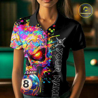 Colorful Splatter Skull 8 Ball Billiard Polo 1/4 Zip Shirt For Women Custom Skull Billiard Team Jersey NYN4648