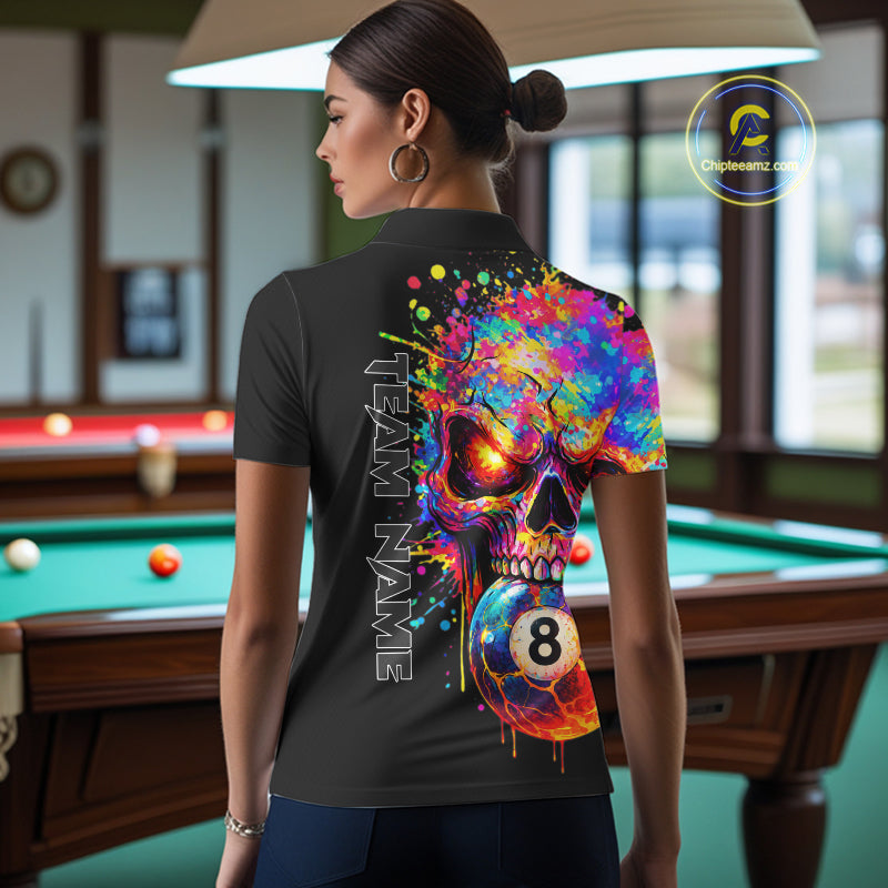 Colorful Splatter Skull 8 Ball Billiard Polo 1/4 Zip Shirt For Women Custom Skull Billiard Team Jersey NYN4648