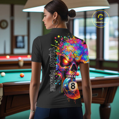 Colorful Splatter Skull 8 Ball Billiard Polo 1/4 Zip Shirt For Women Custom Skull Billiard Team Jersey NYN4648