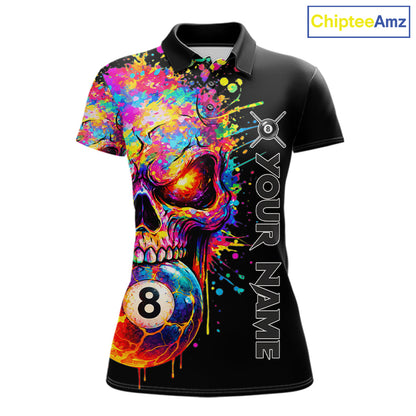 Colorful Splatter Skull 8 Ball Billiard Polo 1/4 Zip Shirt For Women Custom Skull Billiard Team Jersey NYN4648