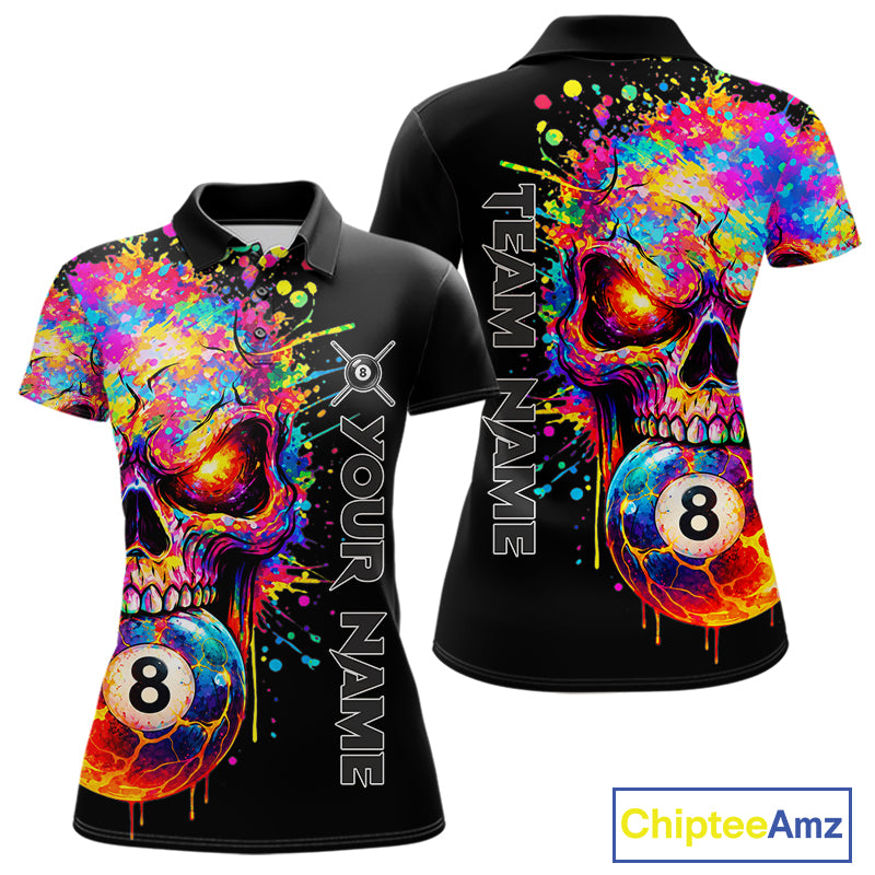 Colorful Splatter Skull 8 Ball Billiard Polo 1/4 Zip Shirt For Women Custom Skull Billiard Team Jersey NYN4648