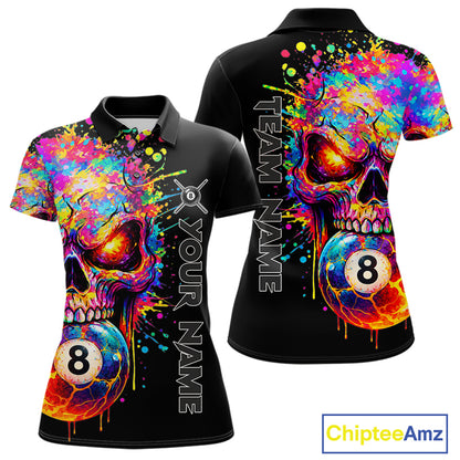 Colorful Splatter Skull 8 Ball Billiard Polo 1/4 Zip Shirt For Women Custom Skull Billiard Team Jersey NYN4648