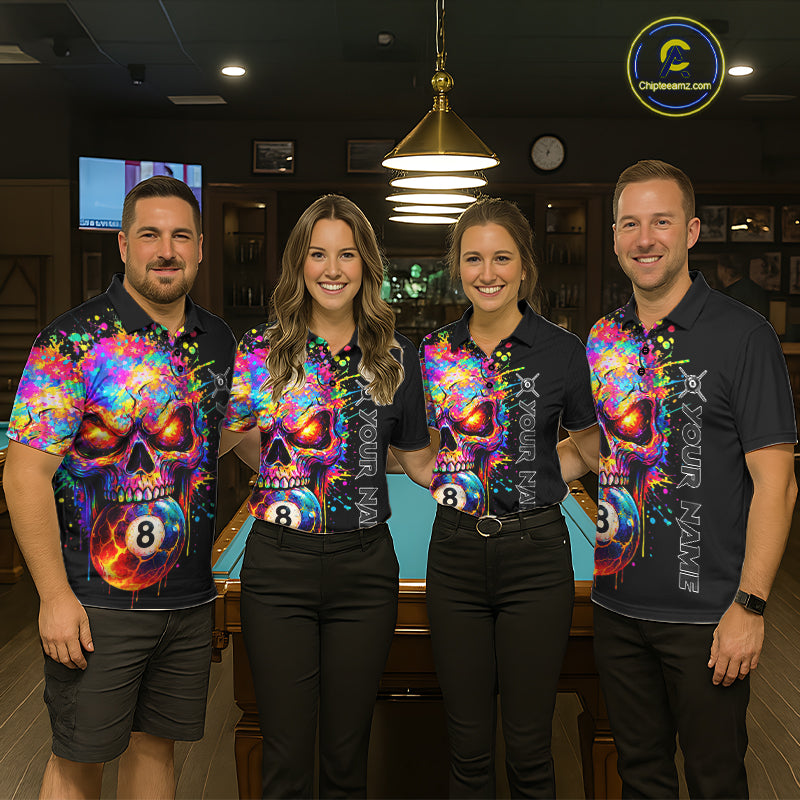 Colorful Splatter Skull 8 Ball Billiard Polo 1/4 Zip Shirt For Men Custom Skull Billiard Team Jersey NYN4648