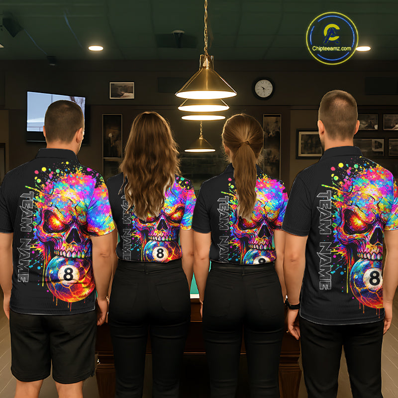 Colorful Splatter Skull 8 Ball Billiard Polo 1/4 Zip Shirt For Men Custom Skull Billiard Team Jersey NYN4648