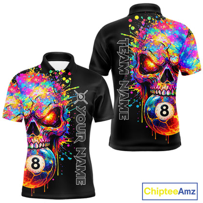 Colorful Splatter Skull 8 Ball Billiard Polo 1/4 Zip Shirt For Men Custom Skull Billiard Team Jersey NYN4648