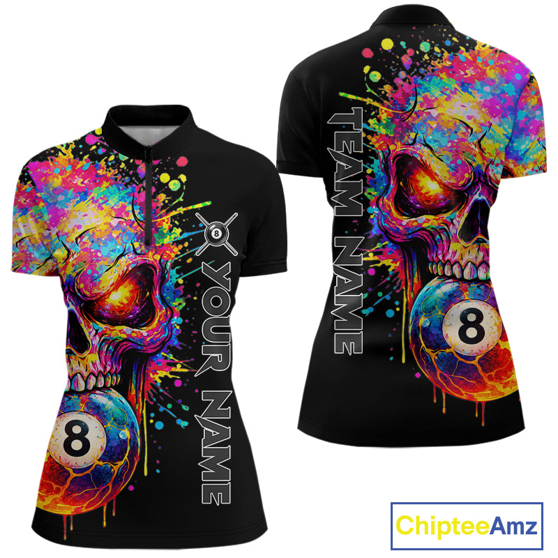 Colorful Splatter Skull 8 Ball Billiard Polo 1/4 Zip Shirt For Women Custom Skull Billiard Team Jersey NYN4648