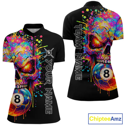 Colorful Splatter Skull 8 Ball Billiard Polo 1/4 Zip Shirt For Women Custom Skull Billiard Team Jersey NYN4648