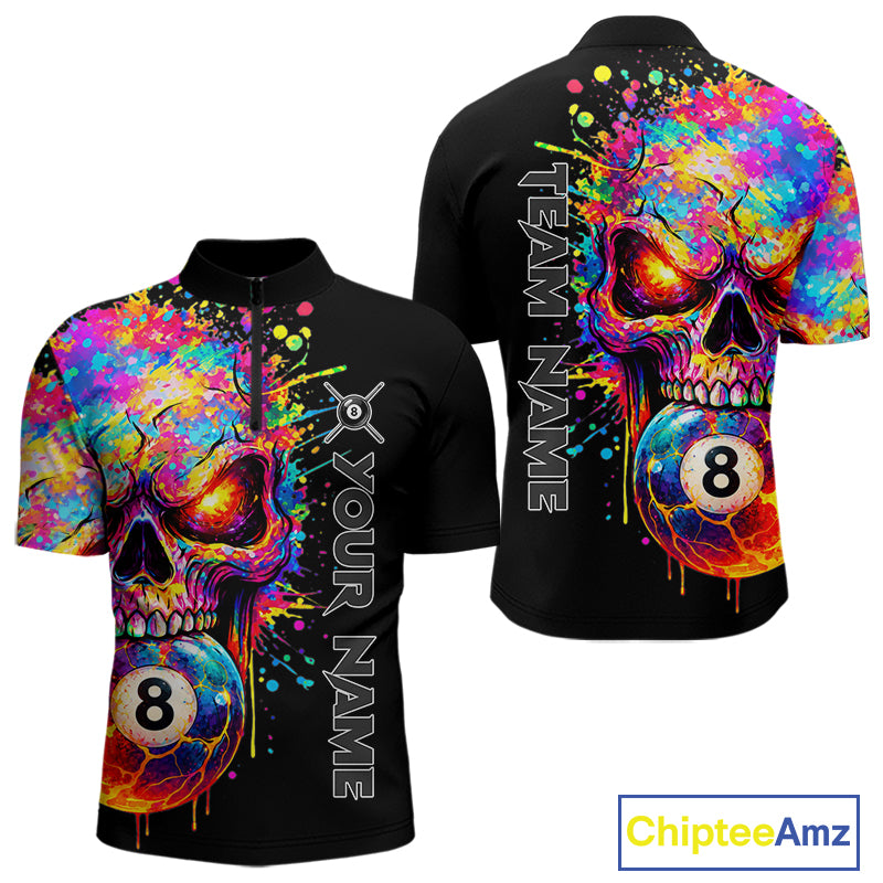 Colorful Splatter Skull 8 Ball Billiard Polo 1/4 Zip Shirt For Men Custom Skull Billiard Team Jersey NYN4648