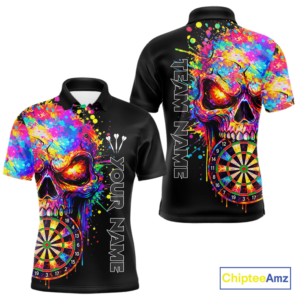 Colorful Splatter Skull Darts Polo 1/4 Zip Shirt For Men Custom Skull Darts Team Jersey NYN4649
