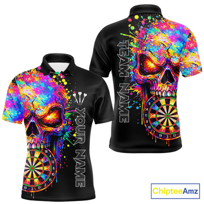Colorful Splatter Skull Darts Polo 1/4 Zip Shirt For Men Custom Skull Darts Team Jersey NYN4649