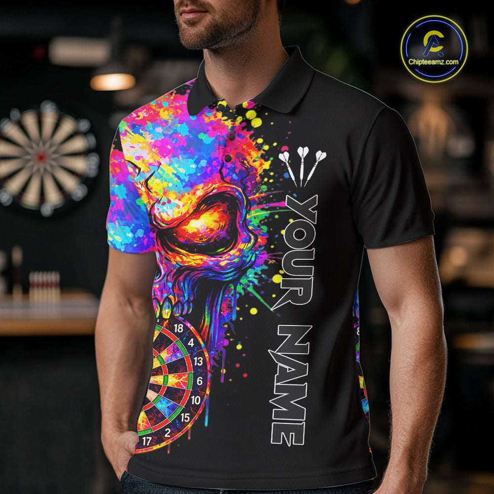 Colorful Splatter Skull Darts Polo 1/4 Zip Shirt For Men Custom Skull Darts Team Jersey NYN4649