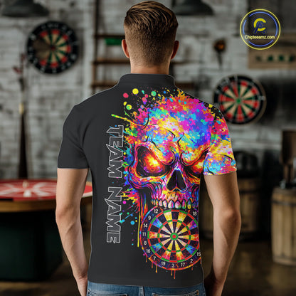 Colorful Splatter Skull Darts Polo 1/4 Zip Shirt For Men Custom Skull Darts Team Jersey NYN4649