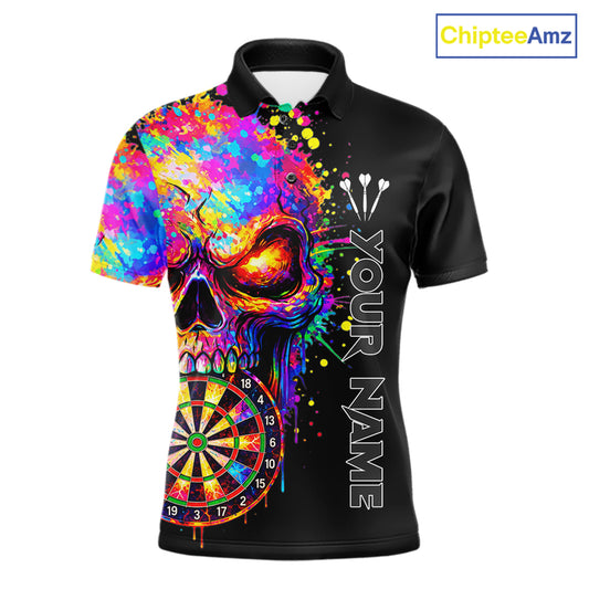 Colorful Splatter Skull Darts Polo 1/4 Zip Shirt For Men Custom Skull Darts Team Jersey NYN4649