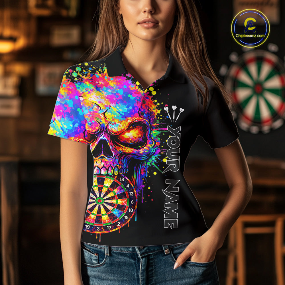 Colorful Splatter Skull Darts Polo 1/4 Zip Shirt For Women Custom Skull Darts Team Jersey NYN4649