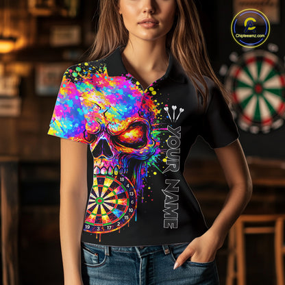 Colorful Splatter Skull Darts Polo 1/4 Zip Shirt For Women Custom Skull Darts Team Jersey NYN4649
