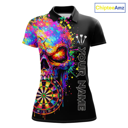 Colorful Splatter Skull Darts Polo 1/4 Zip Shirt For Women Custom Skull Darts Team Jersey NYN4649
