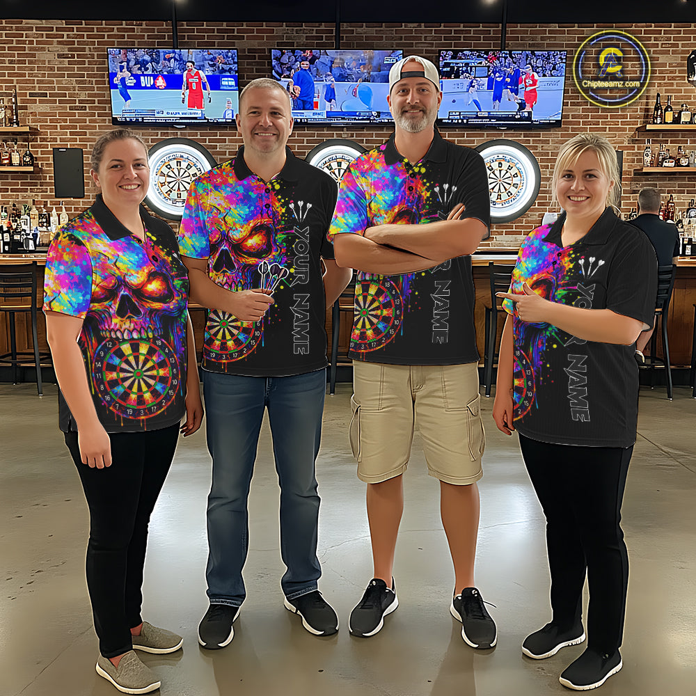 Colorful Splatter Skull Darts Polo 1/4 Zip Shirt For Men Custom Skull Darts Team Jersey NYN4649