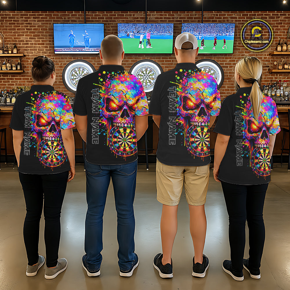 Colorful Splatter Skull Darts Polo 1/4 Zip Shirt For Men Custom Skull Darts Team Jersey NYN4649