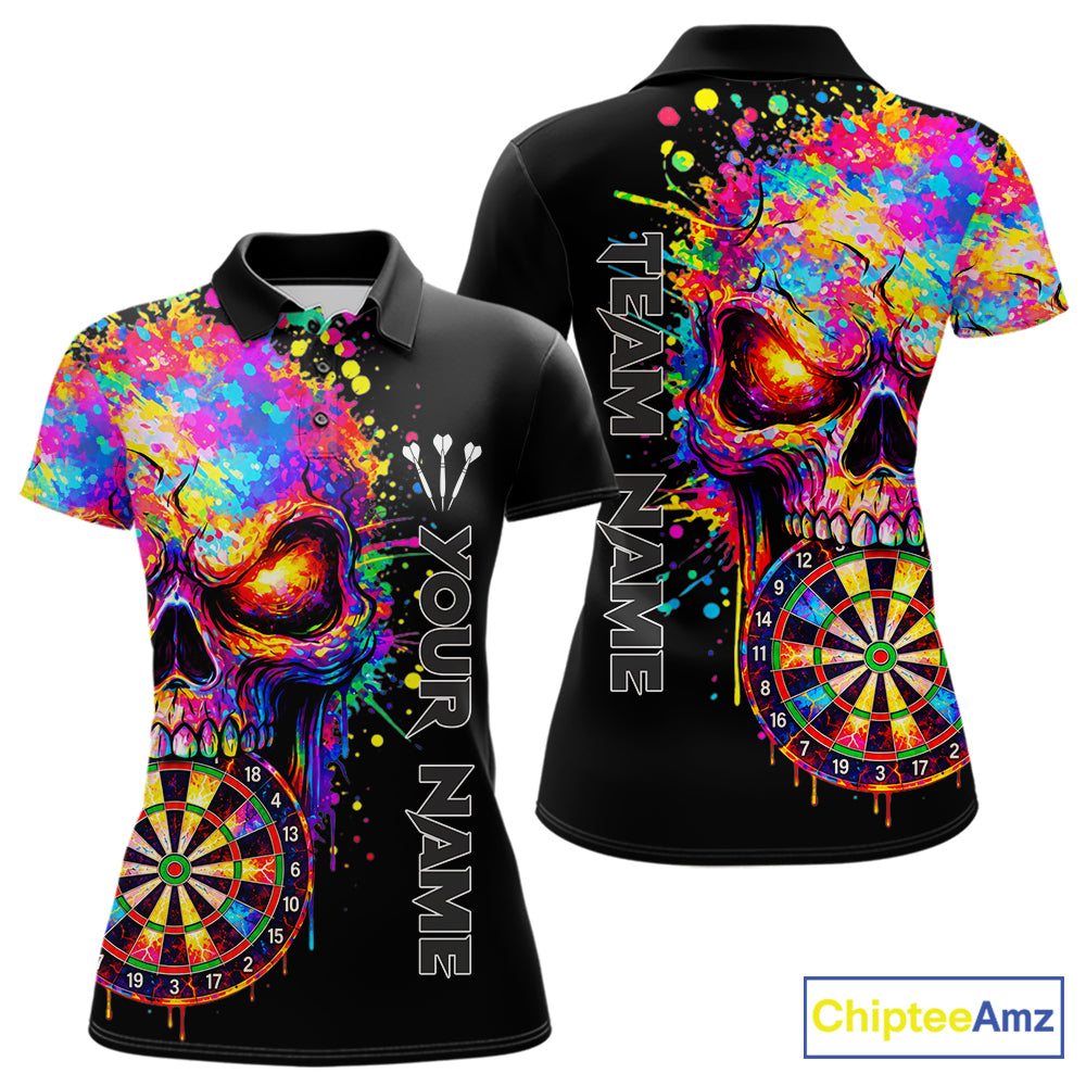 Colorful Splatter Skull Darts Polo 1/4 Zip Shirt For Women Custom Skull Darts Team Jersey NYN4649