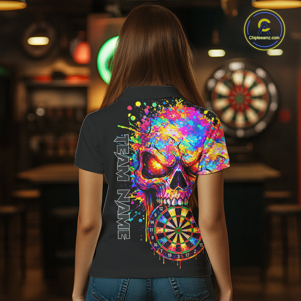 Colorful Splatter Skull Darts Polo 1/4 Zip Shirt For Women Custom Skull Darts Team Jersey NYN4649