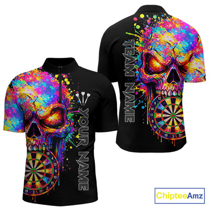 Colorful Splatter Skull Darts Polo 1/4 Zip Shirt For Men Custom Skull Darts Team Jersey NYN4649