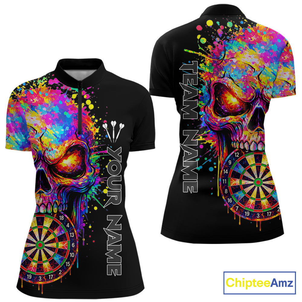 Colorful Splatter Skull Darts Polo 1/4 Zip Shirt For Women Custom Skull Darts Team Jersey NYN4649