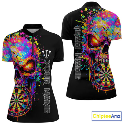 Colorful Splatter Skull Darts Polo 1/4 Zip Shirt For Women Custom Skull Darts Team Jersey NYN4649