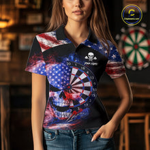 Load image into Gallery viewer, Smoke US Flag Skull Dartboard Women Darts Polo Shirt Custom Retro Patriotic Darts Jerseys NYN2550