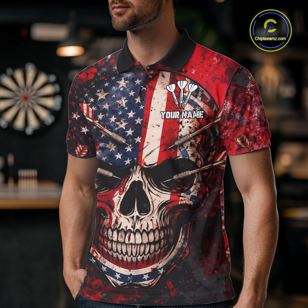 Red Grunge US Flag Skull Dart Arrow Men Darts Polo Shirt Custom Retro Darts Team Jerseys NYN2552
