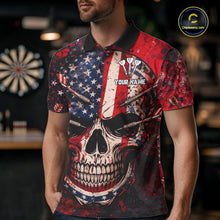 Load image into Gallery viewer, Red Grunge US Flag Skull Dart Arrow Men Darts Polo Shirt Custom Retro Darts Team Jerseys NYN2552