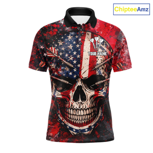 Red Grunge US Flag Skull Dart Arrow Men Darts Polo Shirt Custom Retro Darts Team Jerseys NYN2552