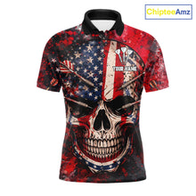 Load image into Gallery viewer, Red Grunge US Flag Skull Dart Arrow Men Darts Polo Shirt Custom Retro Darts Team Jerseys NYN2552