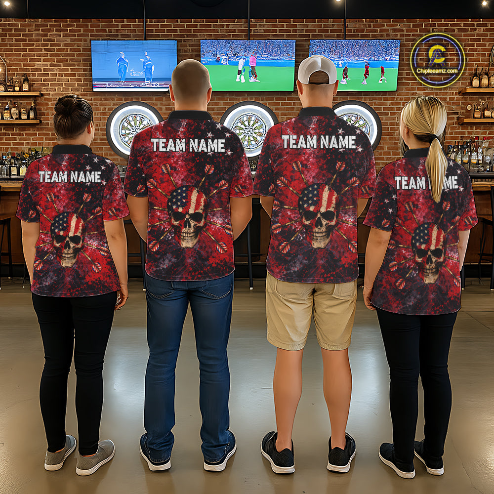 Red Grunge US Flag Skull Dart Arrow Women Darts Polo Shirt Custom Retro Darts Team Jerseys NYN2552