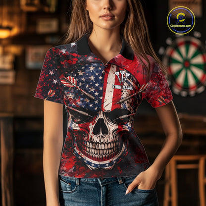 Red Grunge US Flag Skull Dart Arrow Women Darts Polo Shirt Custom Retro Darts Team Jerseys NYN2552