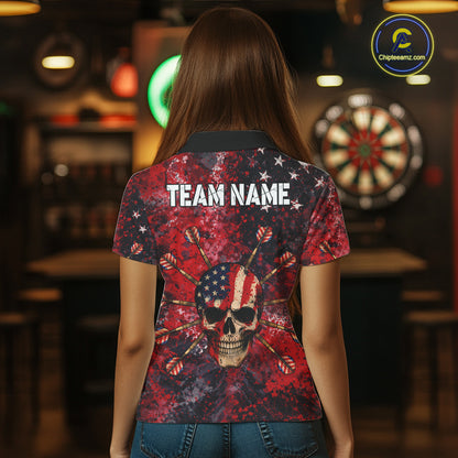 Red Grunge US Flag Skull Dart Arrow Women Darts Polo Shirt Custom Retro Darts Team Jerseys NYN2552