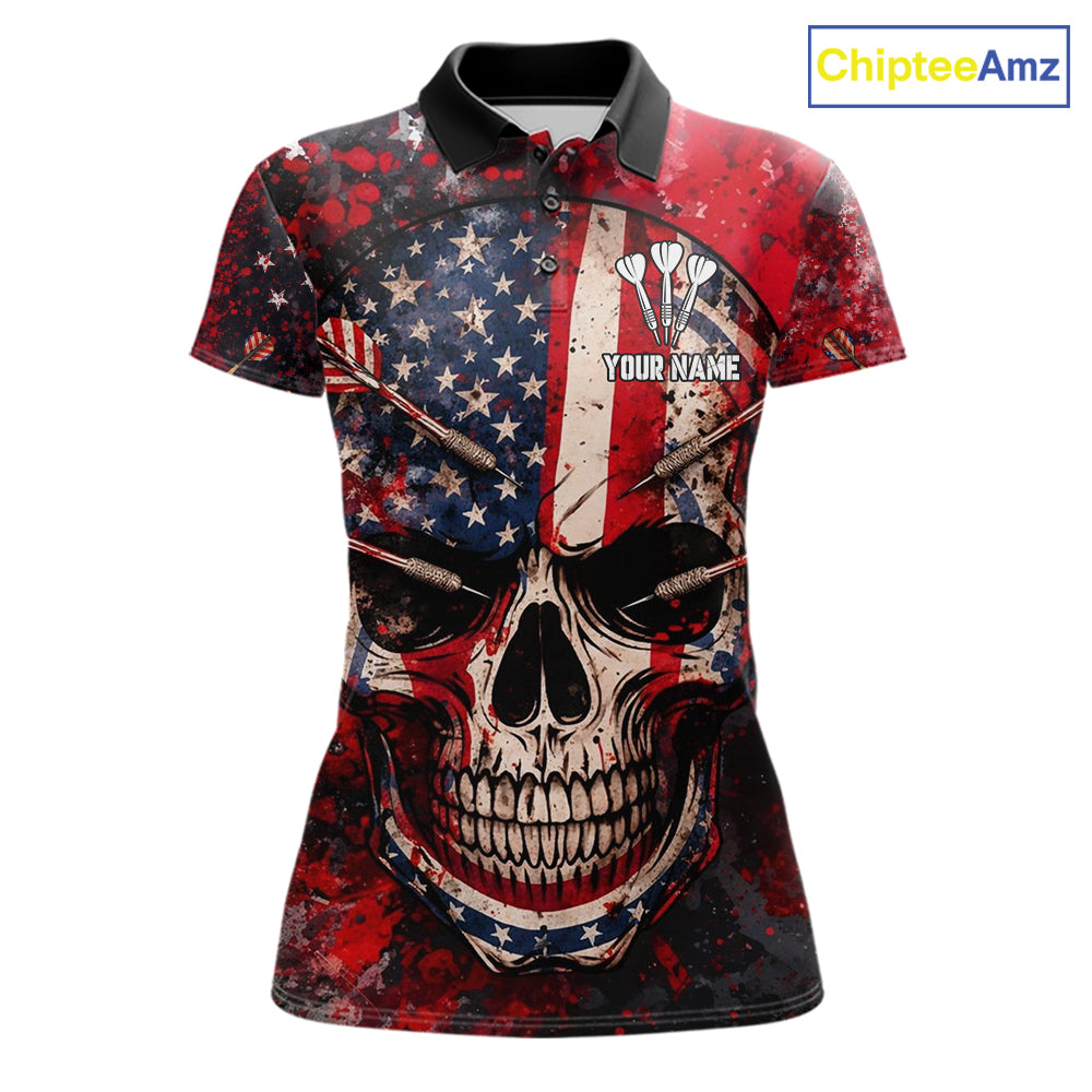 Red Grunge US Flag Skull Dart Arrow Women Darts Polo Shirt Custom Retro Darts Team Jerseys NYN2552