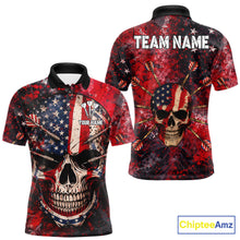 Load image into Gallery viewer, Red Grunge US Flag Skull Dart Arrow Men Darts Polo Shirt Custom Retro Darts Team Jerseys NYN2552