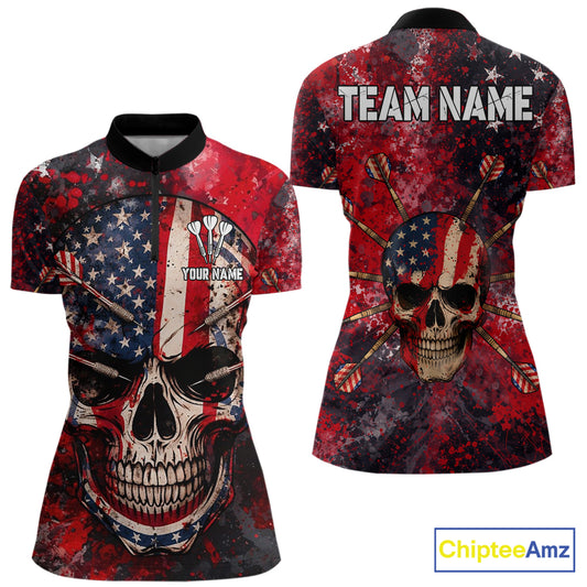 Red Grunge US Flag Skull Dart Arrow Women Darts Quarter-Zip Shirt Custom Retro Darts Team Jerseys NYN2552