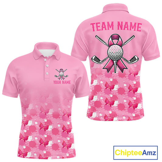Pink polo shirt with floral pattern on front and golf-themed design on back, featuring 'Team Name' and 'Your Name' text space.