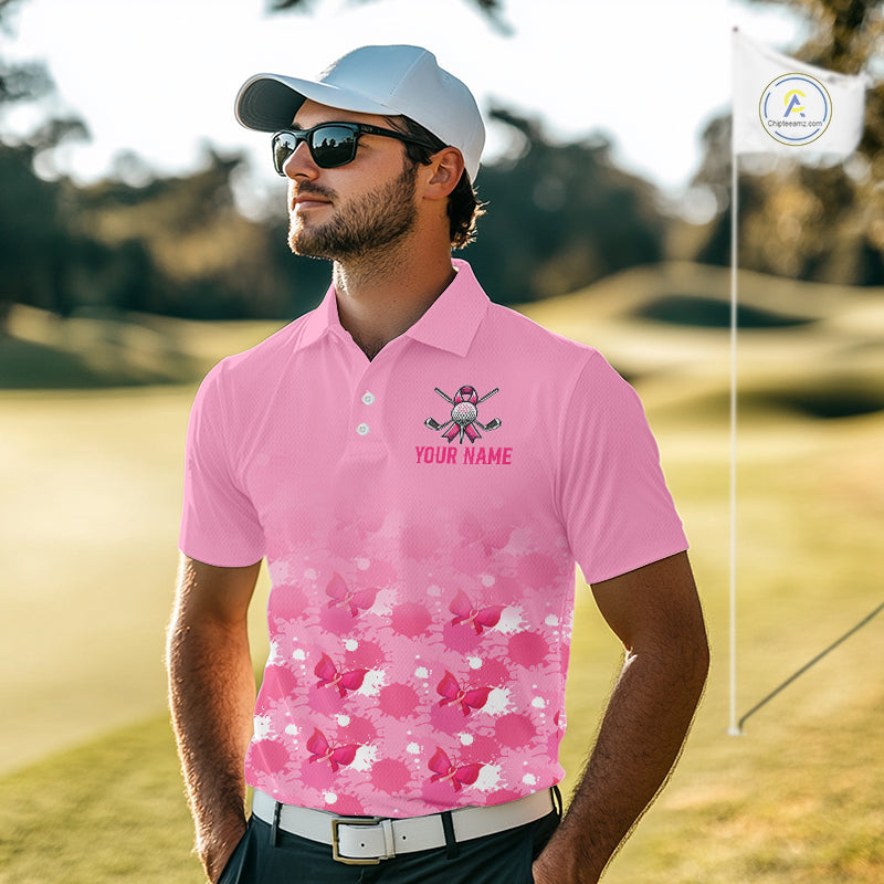 Pink Splatter Golf Shirts For Men Breast Cancer Awareness Golf Jerseys Short Sleeve Golf Tops NYN3315
