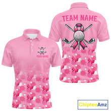 Load image into Gallery viewer, Pink polo shirt with floral pattern on front and golf-themed design on back, featuring 'Team Name' and 'Your Name' text space.