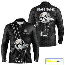 Load image into Gallery viewer, Black long-sleeve polo shirt with cartoon golf ball character and customizable text on a white background.