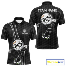 Load image into Gallery viewer, Black polo shirt with cartoon golf ball design on a white background