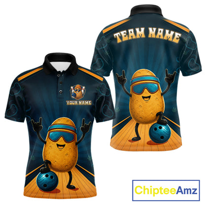 Funny Rock-On Potato Men's Bowling Polo Shirt, Personalized Cartoon Bowling League Jersey, Athletic Team Apparel