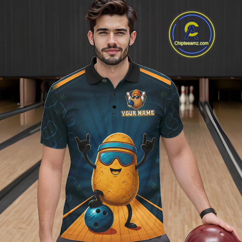 Male model wearing Funny Rock-On Potato bowling polo, personalized cartoon bowling jersey, fun league competition