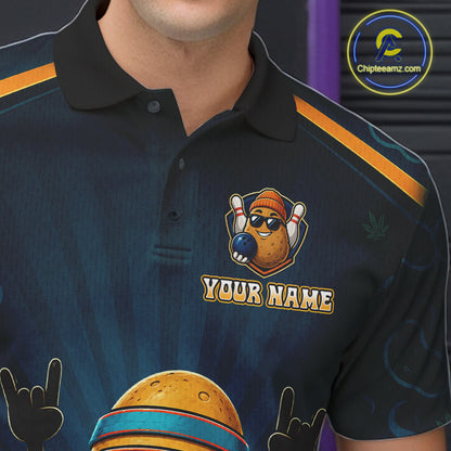 Male model wearing Funny Rock-On Potato bowling polo, personalized cartoon bowling jersey, fun league competition