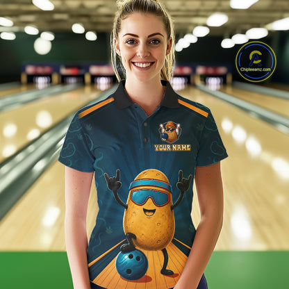 Female model wearing Funny Rock-On Potato bowling polo, humorous bowling apparel, meme culture, casual athletic lifestyle