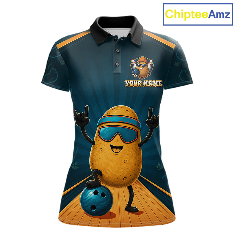 Funny Rock-On Potato Women's Bowling Polo Shirt, Personalized Blue Bowling Team Jersey, Cartoon Potato League Apparel, Fun Performance Polo, Meme Sportswear, Team Spirit